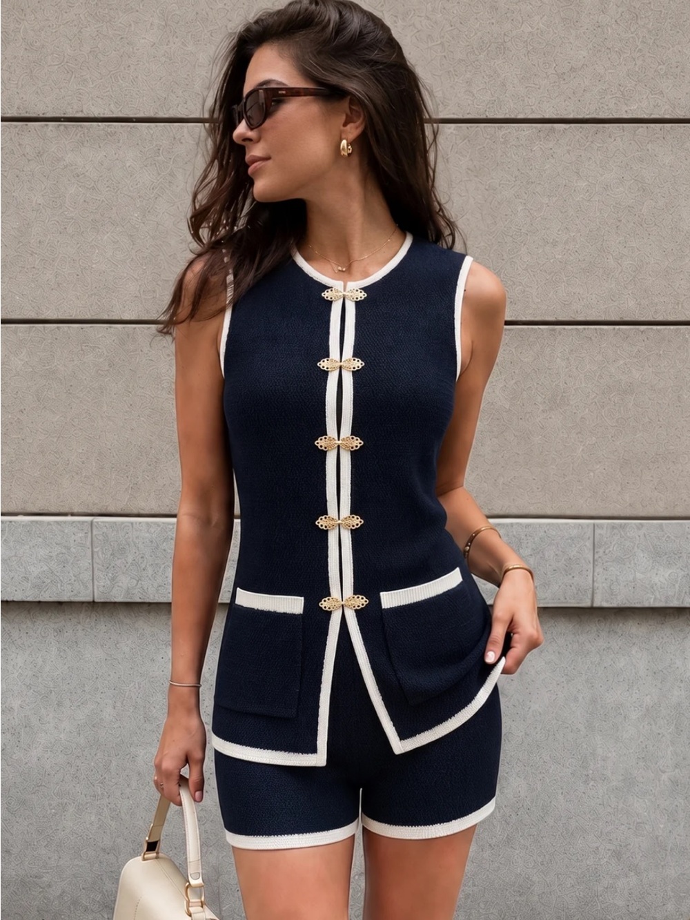 Commense Sleeveless Navy Knit Shorts Set with Contrast Trim Medium - Picture 9 of 9